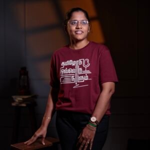 Female Model wearing Tamil culture t-shirt by VENBAA