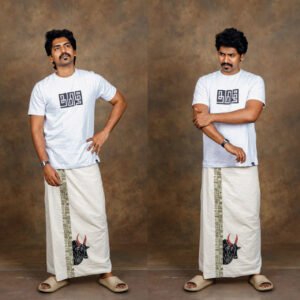 Model in Vetti wearing தமிழ் THAMIZH Tamil Identity T-Shirt in Ecru color