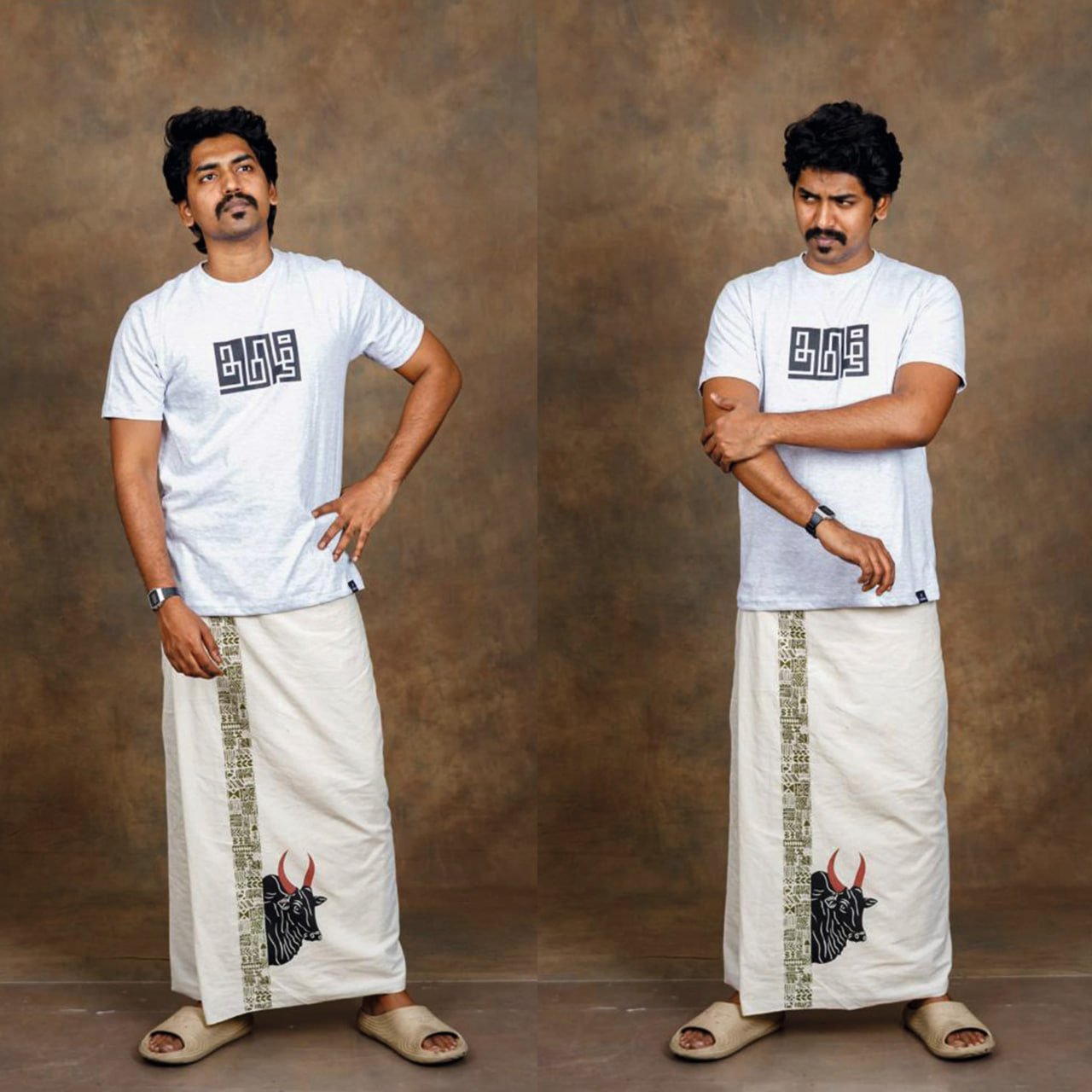tamil-identity-tshirt-ecru-vetti-traditional-look-venbaa Model in Vetti wearing தமிழ் THAMIZH Tamil Identity T-Shirt in Ecru color