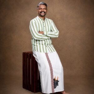Venbaa two-tone green handloom shirt with vertical design and Chinese collar.
