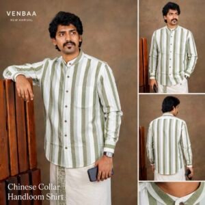 Venbaa two-tone green handloom shirt with vertical design and Chinese collar.